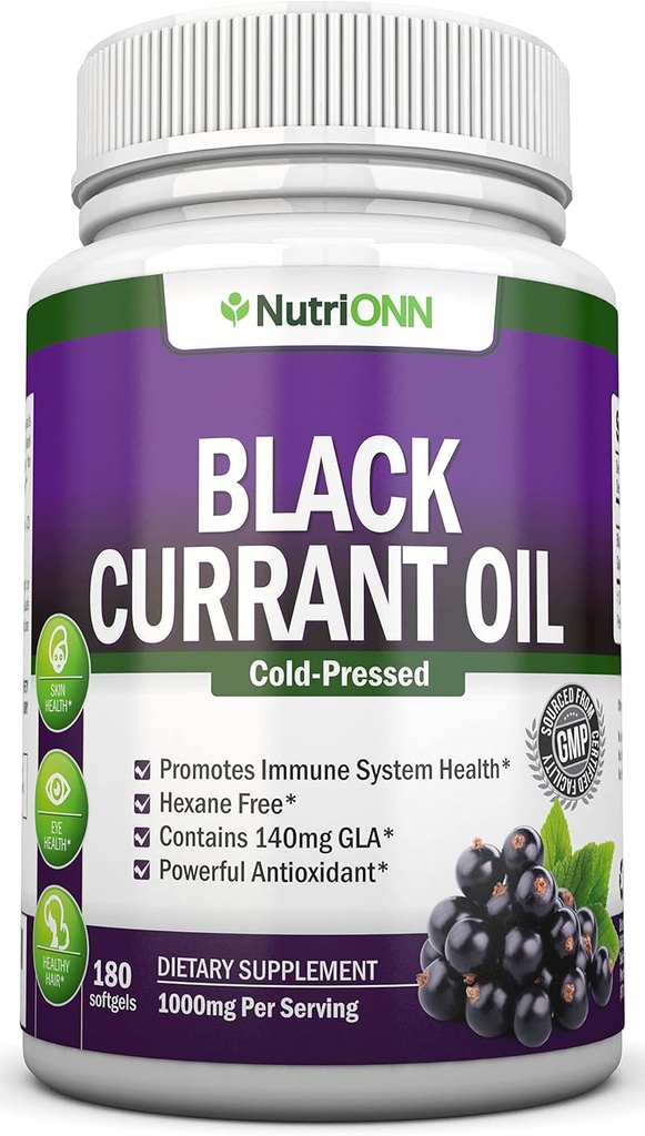 Black Currant Oil - 1000 Mg - 180 Softgels - Cold-Presed Puro Currant Seed Oil - Hexane Gratis - 140mg GLA Por Serving - Regulates Hormonal Balance - Great For Immune System, Hair and Skin