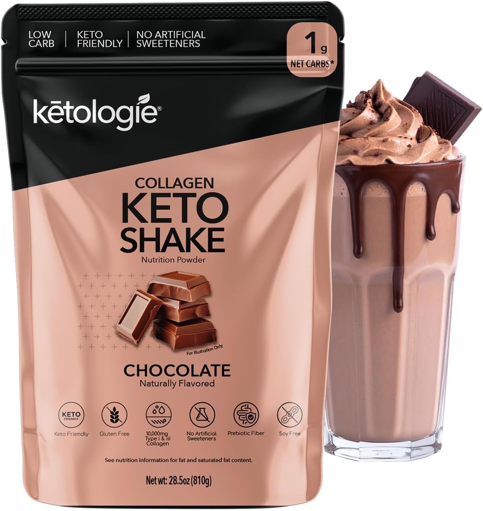 Keto Collagen Shake (Chocolate) - con aceite de coco, prebióticos, péptidos de colágeno hidrolizado Grass Tipo I " III, bajo carbohidrato, sin gluten, 1,78lbs. (810g)