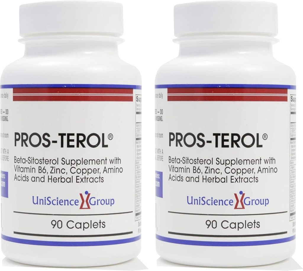 Pros-TEROL (2 Bottle kit), Alivio de próstata con 900 mg Sterols de plantas con semilla de calabaza, Hoja de hervidor, Gorra de jengibre, Extractos de punta de regaliz 90 Caplets