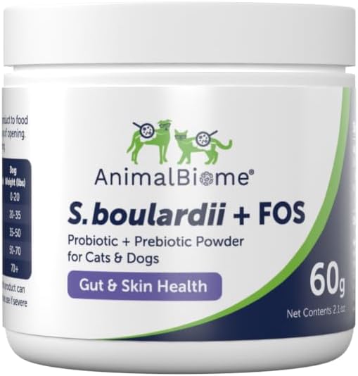 AnimalBiome Pet Probiotics - S. boulardii + FOS Probiótico y Polvo Prebiótico para perros y gatos 60g