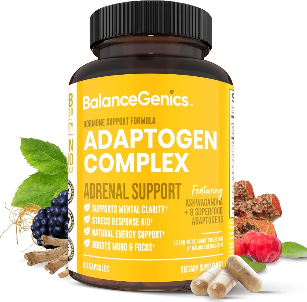 Complemento de Apoyo Adrenal con Ashwagandha, Basil Santo, Rhodiola Rosea ← Apoyo Saludable Cortisol Levels and Stress Relief, Reduce Fatigue TEN 60 Capsules