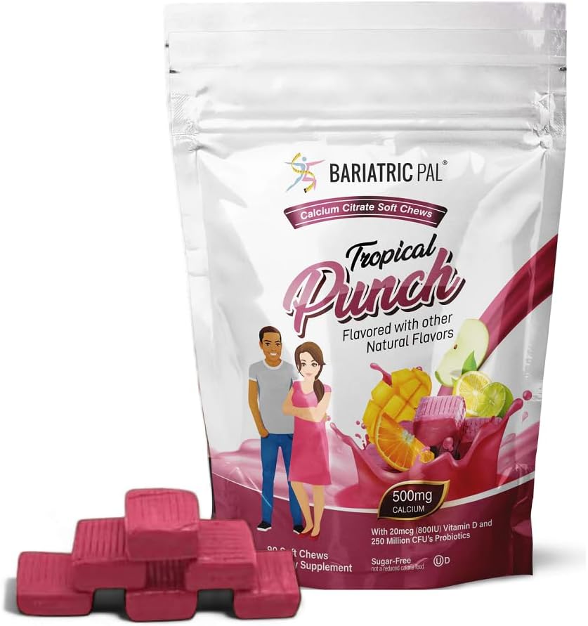 BariatricPal Citrato de Calcio Libre de Azúcar Citratos suaves TENIDO 500 mg con vitamina D &amp; Probióticos TEN Tropical Punch ANTE 90 Conde (1 Mes de Suministro)