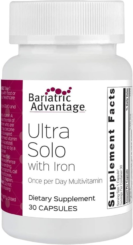 Bariatric Advantage Ultra Solo con Hierro - Una vez por día Multivitamínico diario - para pacientes báricos - con Thiamin, vitamina A &amp; Más - Gluten Gratis - 30 cápsulas