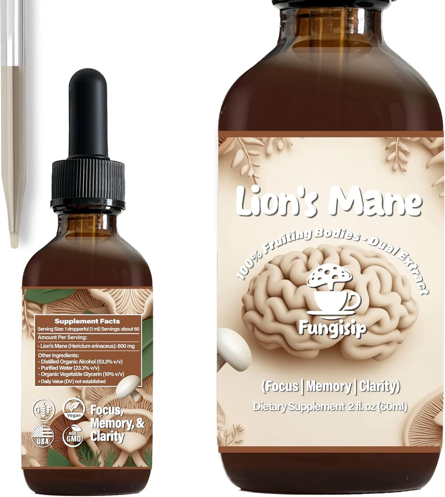 Mane Tintura Mane de León – Soporte de cerebro orgánico y enfoque – Extracto de hongo líquido basado en alcohol ultra potente – 2 oz