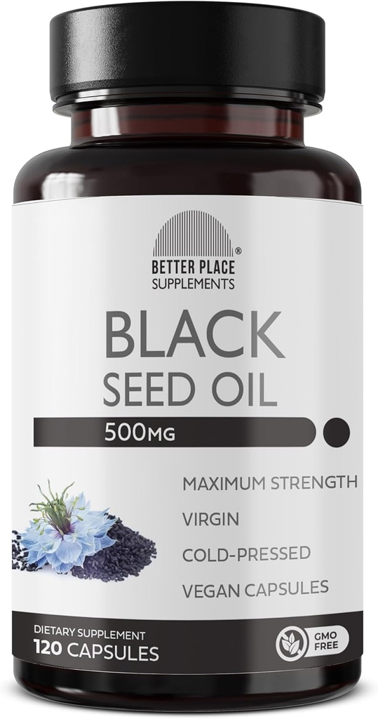 Black Seed Oil Capsules | (Non-GMO & Vegan) Cold-Pressed Nigella Sativa Providing Pure Black Cumin Seed Oil | Super Antioxidant for Digestion, Joints, Hair & Skin | 500mg per Capsule