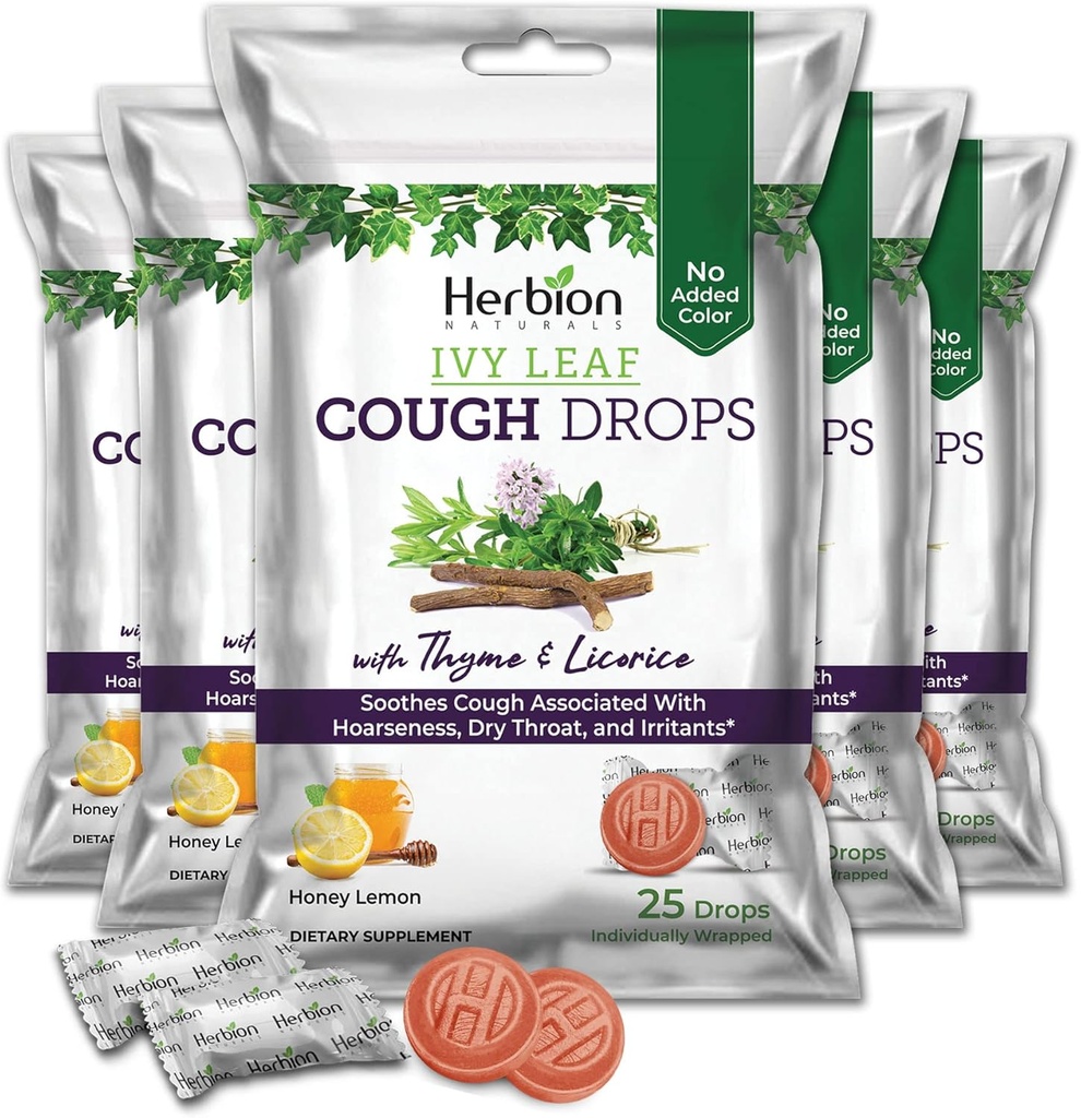 HERBION Naturals Ivy Leaf Cough Drops with Thyme & Licorice, Honey Lemon Flavor, Soothes Cough, para adultos y niños mayores de 6 años, 125 Cuenta, Pack de 5