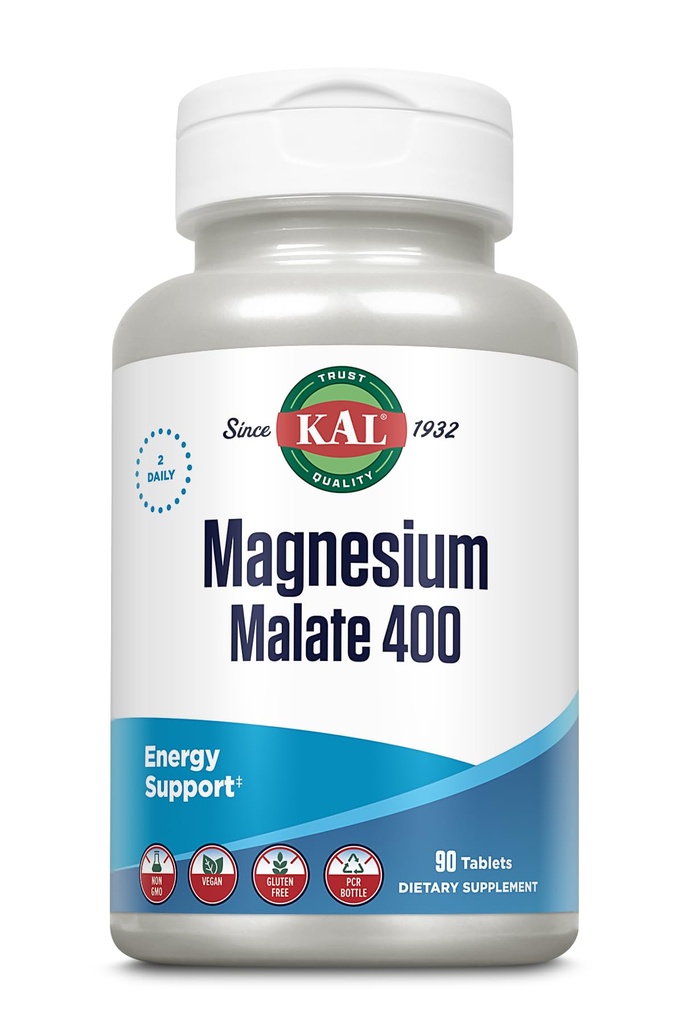 KAL Magnesium Malate 400mg, Chelated Magnesium Supplement with Malic Acid, Healthy Energy & Muscle Function Support, Enhanced Absorption, Vegan, Non-GMO, 45 Servings, 90 Veg Tabs