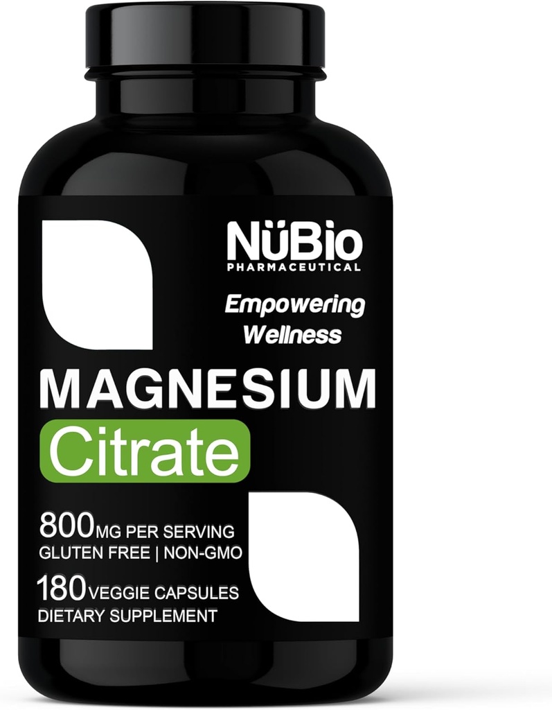 USA Made Vegan Magnesium Citrate 400mg Cápsulas (Citrato de Magnesio) Libre de Gluten, Suplemento de Magnesio para Ayuda al sueño, Cerebro, Salud del Corazón, Bone Strength, Metabolismo y Estrés por NüBio