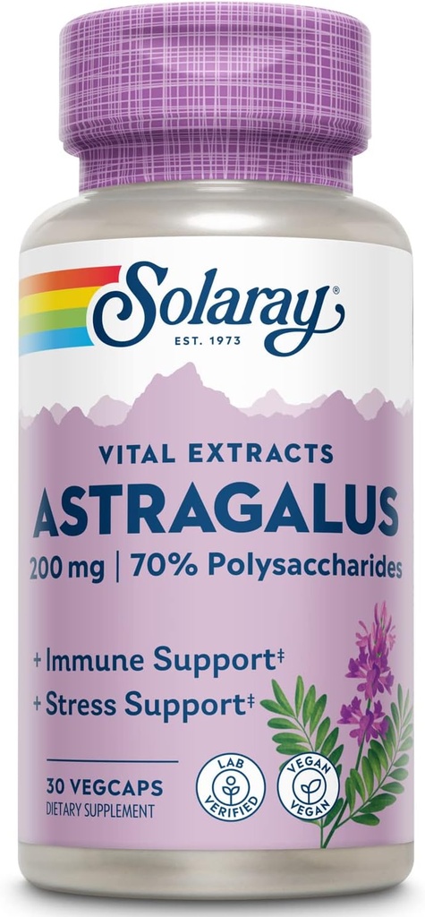 SOLARAY Astragalus Root Extract 200 mg Ø Adaptogenic &amp; Healthy Immune Función " Stress Support ← Non-GMO TEN 30 VegCaps