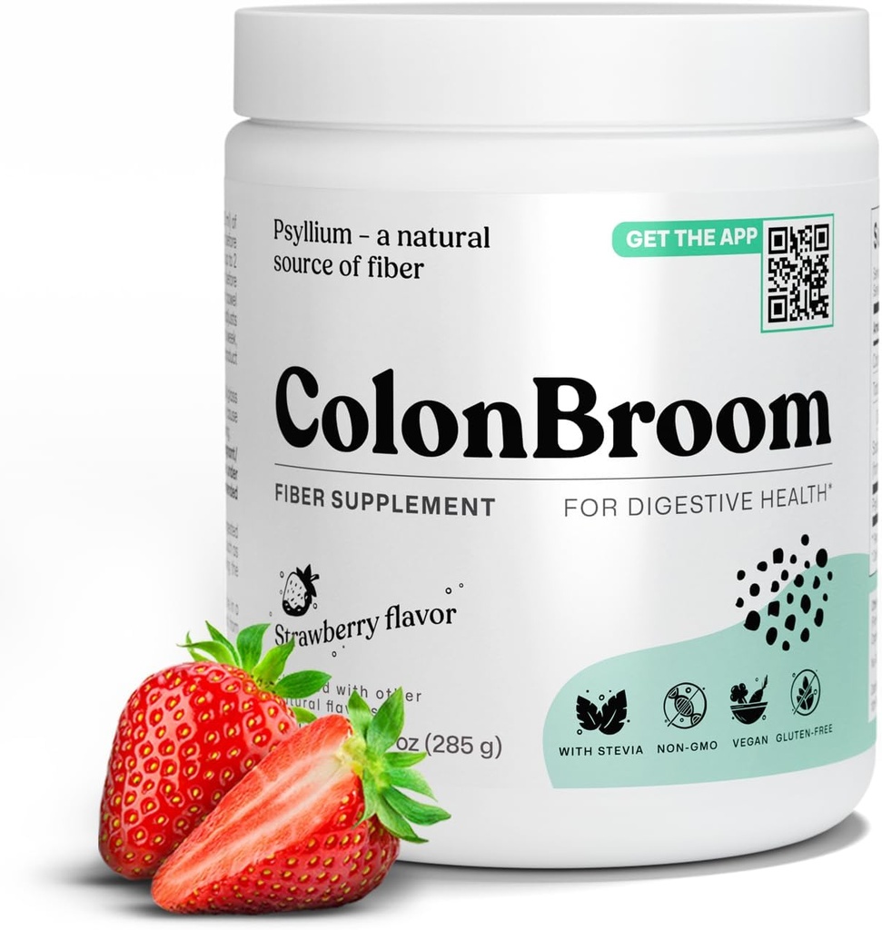 ColonBroom Psyllium Husk Powder (Strawberry) - Colon Cleanse for Bloating Relief & Gut Health - Colon Broom Fiber Powder Drink - Vegan, Gluten Free, Non-GMO Fiber Powder Supplement, 50 Servings