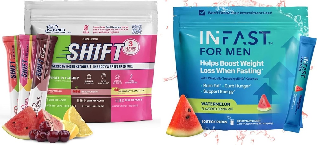 Real Ketones Intermittent Fasting Drink Mix Bundle for Weight Loss Support Shift Electrolytes Variety Pack & Intermittent Fasting Electrolytes for Hombres with BHB Exogenous Ketones (30 Count each)