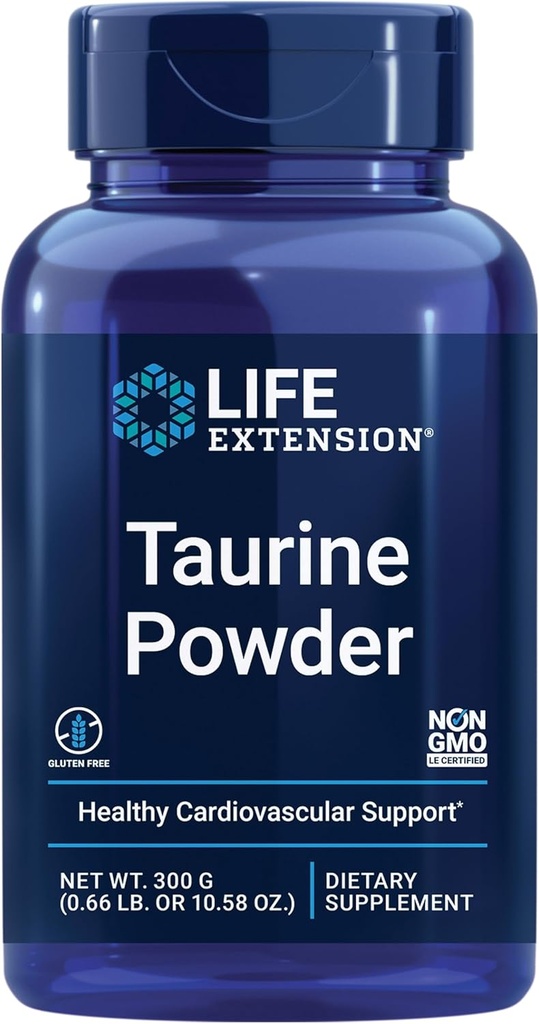 Extensión de vida Taurine Powder – Apoyo cardiovascular saludable, promueve la salud del cerebro, el envejecimiento saludable y la recuperación del músculo y el ejercicio – Gluten-Free, Non-GMO, Vegetariano – 300 gramos