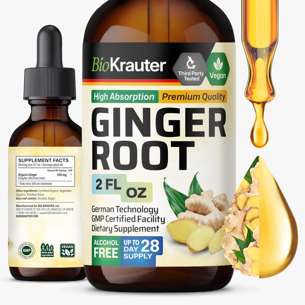 BIO KRAUTER Ginger Root Extract - Natural Ginger Supplements for Overall Wellness - Alcohol and Sugar Free - Vegan Drops 2 Fl.Oz.