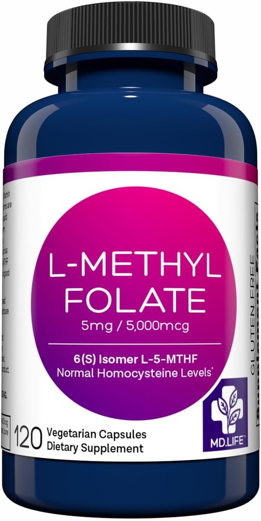 MD Life L-Methylfolate 5 mg Suplemento - Professional-Grade Active L Methylfolate Suplemento - 120 cápsulas - L-Methylfolate 5mg - Maximum Potency MTHFR W/Essential Amino Acids
