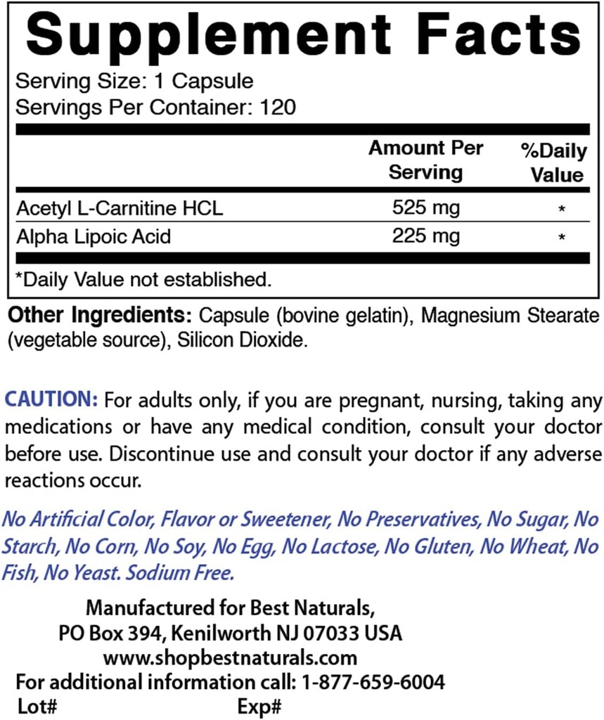 Mejores Naturales Acetyl L-Carnitina y Ácido Alfa Lipoico 750 mg & vitamina B-12 6000 mcg