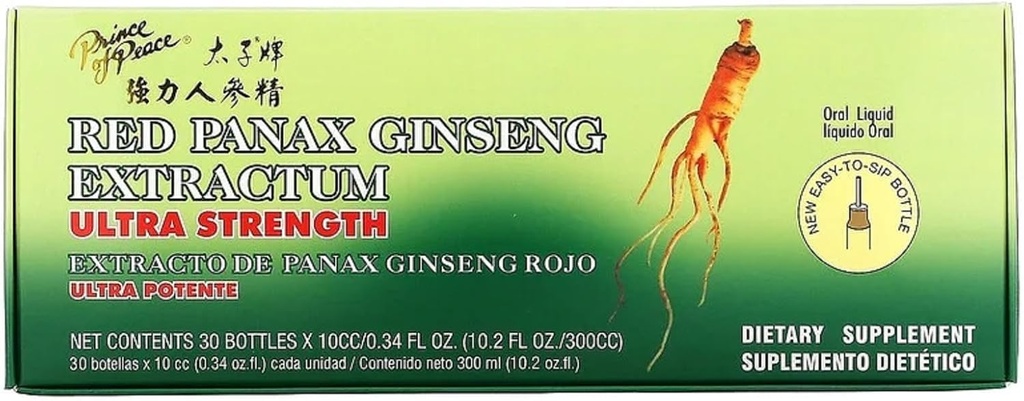 Prince Of Peace Red Panax Ginseng Extractum Ultra Strength, 0.34 fl. oz. Cada – Brain Boosting Suplemento – Red Panax Ginseng Shots – Support Energy, Mood, & Focus - 2 Pack - 20 Botellas