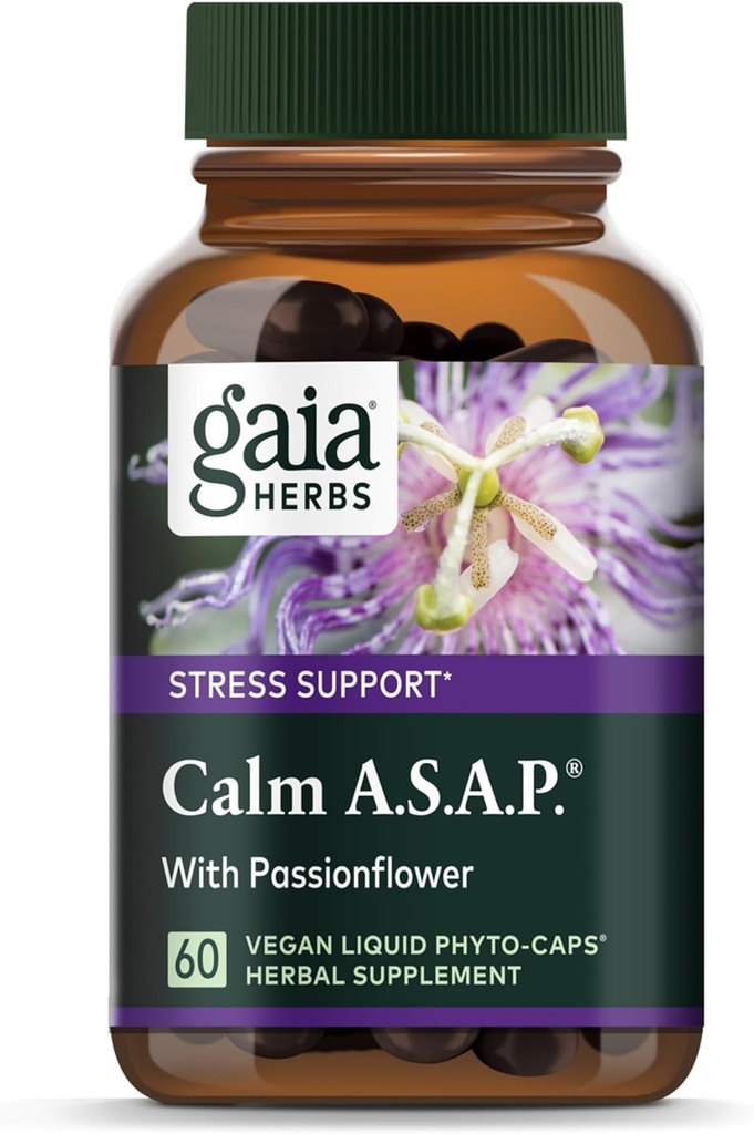 Gaia Herbs Calm A.S.A.P. Stress Support Supplement - with Skullcap, Passionflower, Chamomile, Vervain, Holy Basil &amp; More to Support a Natural Calm - 60 Vegan Liquid Phyto-Capsules (20-Day Supply)