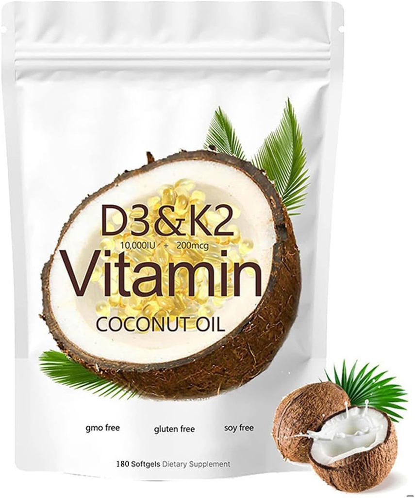 2-en-1 Vitamina D3 K2 Suplemento Softgel, 10000 UI VIT D3 + 200 MCG Vitamin K2 (180 Pcs)