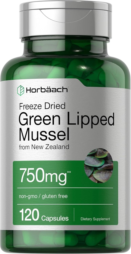 Horbäach Green Lipped Mussel TEN 750 mg ANTE 120 Capsules Silencioso de Nueva Zelanda ← Premium Freeze Dried Mussel Powder ← Non-GMO y Gluten Free