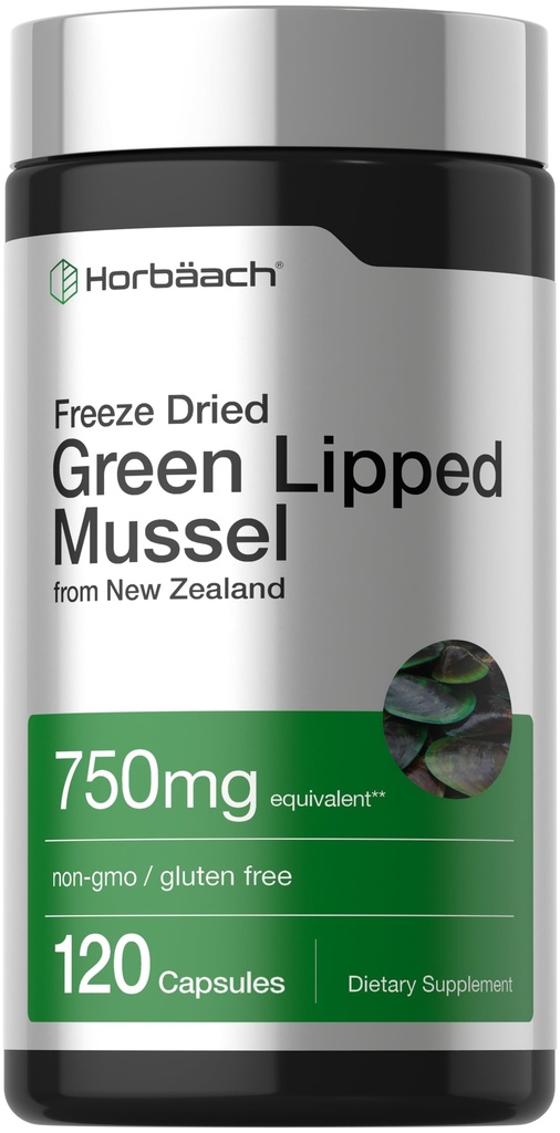 Horbäach Green Lipped Mussel TEN 750 mg ANTE 120 Capsules Silencioso de Nueva Zelanda ← Premium Freeze Dried Mussel Powder ← Non-GMO y Gluten Free