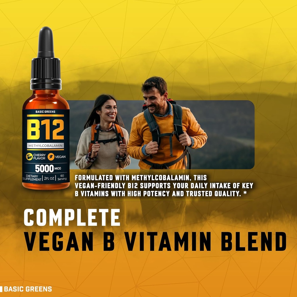 Vitamina B12 Suplementos líquidos sublinguales 5000 mcg – Metilcobalamina Vegana B-12 Suplemento de Energía & Focus – B 12 Vitamina para Hombres Mujer – Metilcobalamina de Absorción Rápida – 120 Serviciones – 4 fl oz