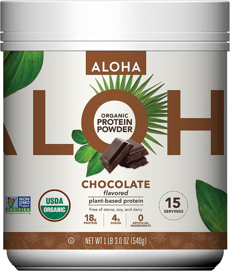 ALOHA Planta Orgánica Fundada Polvo Proteína, Stevia Gratis, Chocolate, 19.6 oz, 15 Servimientos