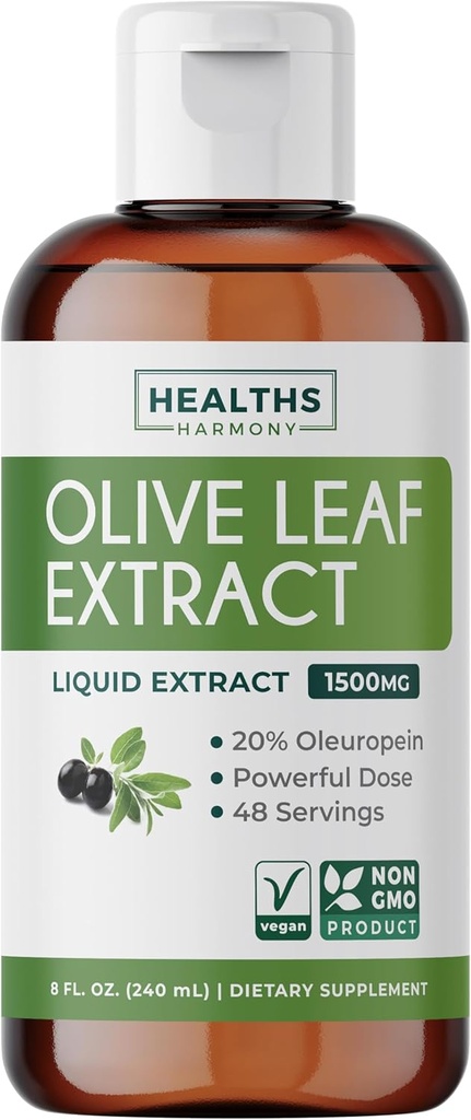 Extracto de la hoja de oliva (No-GMO) Super resistencia: 20% Oleuropeina - 1500mg - Vegetariano - Suplemento de apoyo inmunológico, salud de la piel y antioxidantes poderosos Suplemento - Extracto líquido - 8 Fl Oz