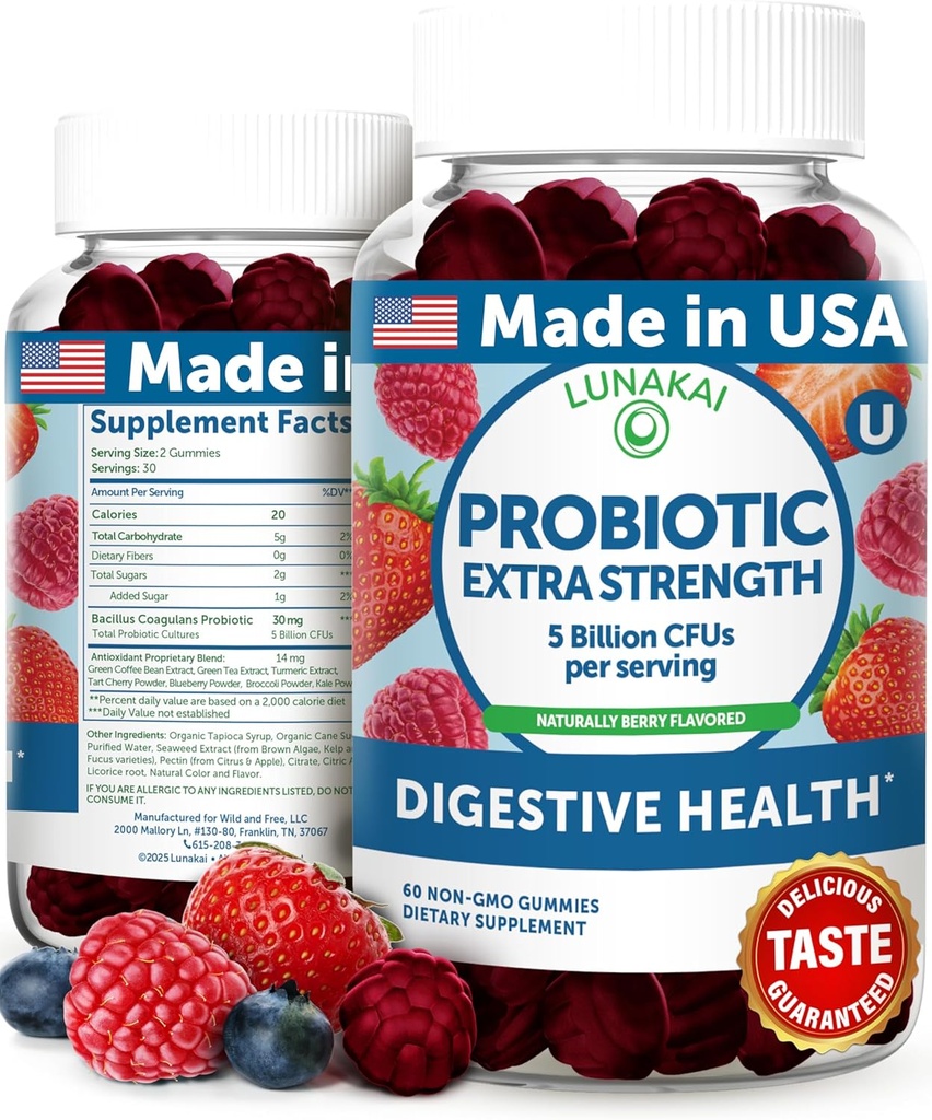 Lunakai USA hizo Gummies Probióticas - 5 millones de UF, Vegan, No GMO, Gluten-Free - Digestive &amp; Immune Support for Women &amp; Hombre - 60 Gummies Chewable