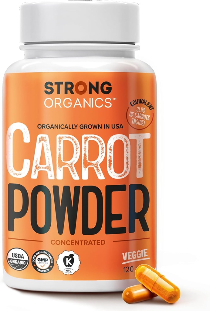 USDA Organic Carrot Powder Capsules (120), Grown in USA, Eye Support, Beta Carotene, Vitamina A, Carotenoides, Antioxidantes,106°F Max, Vegan, Kosher-2 Months Supply