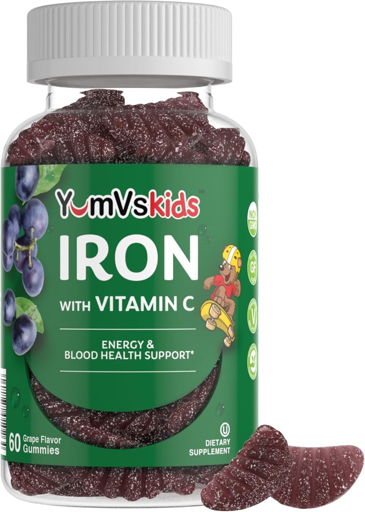 Suplemento de hierro para niños – 5 mg Gummies para niños con vitamina C – Gummies de gran consumo sabor de la uva – apoya la salud inmunitaria " Ayuda con la deficiencia de hierro – Vegan, Kosher, Non-GMO – 60 Conde