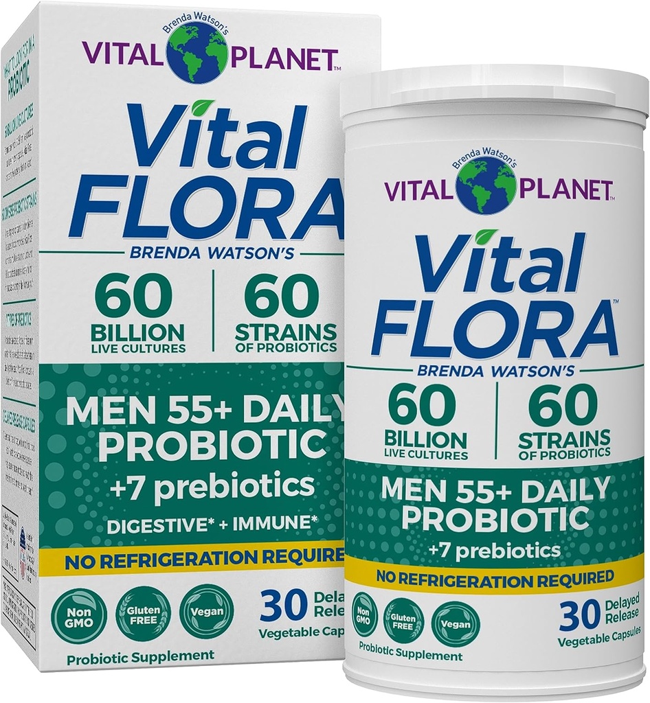 Planeta Vital - Hombres de Flora Vital Más de 55 Probióticos Diarios, 60 Billones CFU, Strains Diversos, Prebióticos Orgánicos, Apoyo Inmunitario, Estante de Salud Digestivo Probióticos Estables para Hombres, 30 cápsulas