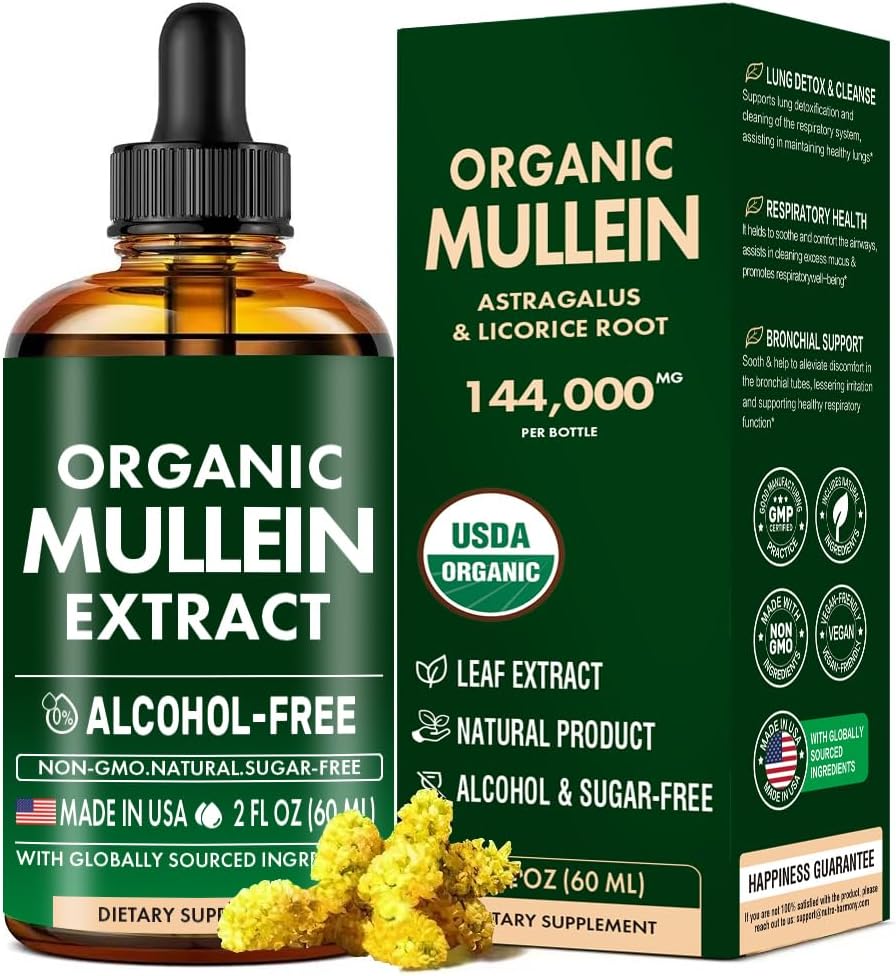 Mullein Drops for Lungs, Mullein Leaf &amp; Licorice Extract Support Lung Cleanse &amp; Healthy Breathing, Organic Mullein Leaf Tincture Herbal Supplement, No Additives Mullein Extract Drops 2 fl Oz 60Ml