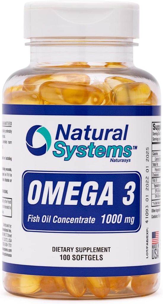 Omega 3 1000mg Fish Oil 100 Concentrated Softgels by Natural Systems - Omega 3 Suplementos - Capsules for Daily Diet - EPA - DHA - Perfect for Heart, Eye, Brain and Joints Support*