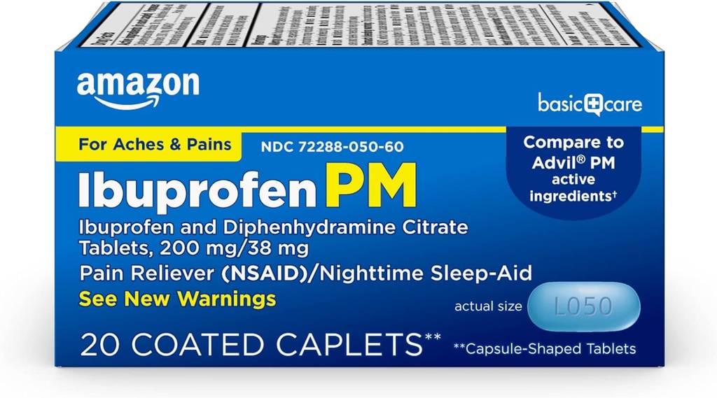 Cuidado básico Ibuprofeno PM, Ibuprofeno 200 mg y Diphenhydramine Citrate 38 mg Tabletas, Dolor Relieve y Noche de dormir, 20 Condes
