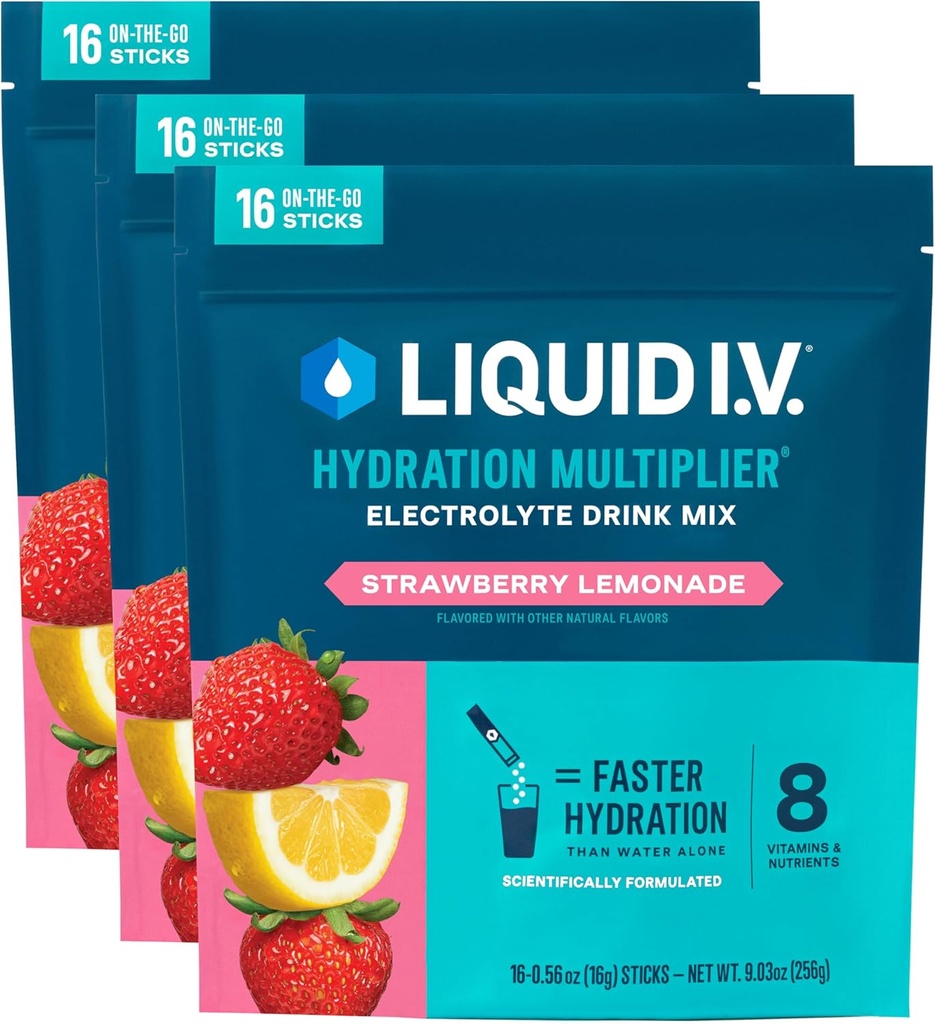 Líquido I.V.® Hydration Multiplier - Strawberry Lemonade  durable Electrolyte Powder Drink Mix Silencio 3 Pack (48 Servimientos)