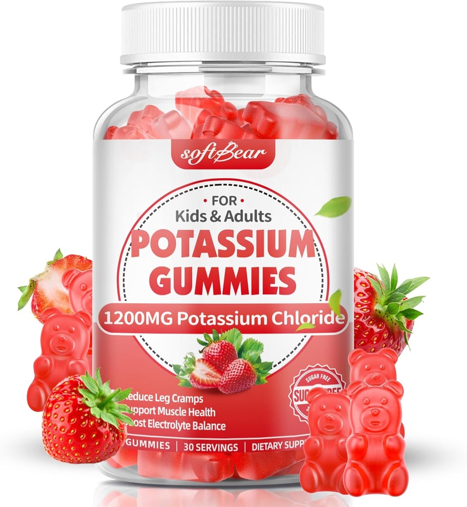 softbear Potassium Gummies para adultos, azúcar libre Potassium Chloride Gummies 1200mg Soporte Leg Cramps &amp; Electrolyte Balance High Potency Potassium Suplemento, Strawberry Flavor 60 Conde