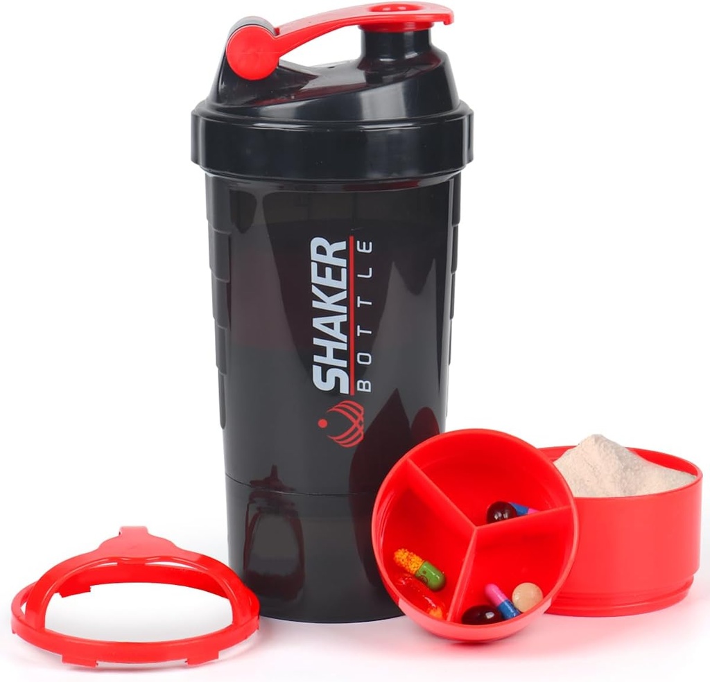 Protein Shaker Bottle,16 oz Shake Cup for protein powder with Storage,Sports Water Bottle,Non Slip 3 Layer Twist Off 3oz Cups with Pill Tray Leak Proof Shake Bottles for Protein Mixes