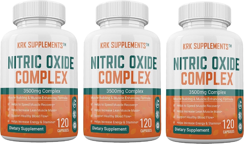 3 Botellas Nitric Oxide Complex 3500mg Por Serving L-Arginine HCL AAKG AKG Alpha Ketoglutarate Citrulline Malate 360 cápsulas totales