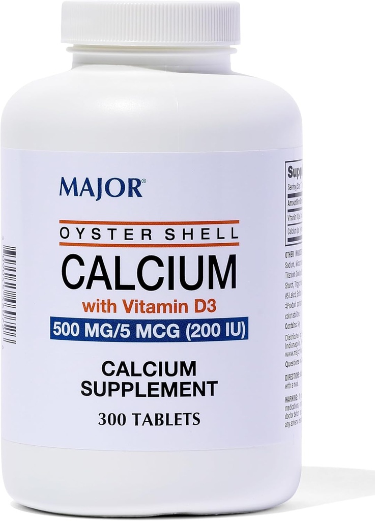 Calcio de ostra mayor con vitamina D3 500 mg / 5 mcg (200 UI) - Suplemento diario de calcio - 300 tabletas (1 paquete)