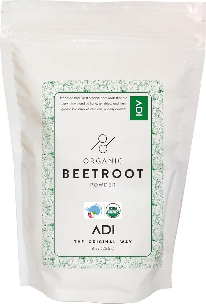 ADI USDA Certified Organic Beetroot Powder - 8oz, Nitric Oxide Booster, Raw Beetroot for Baking ' Juice, Natural Red Food Coloring, Resealable Pouch