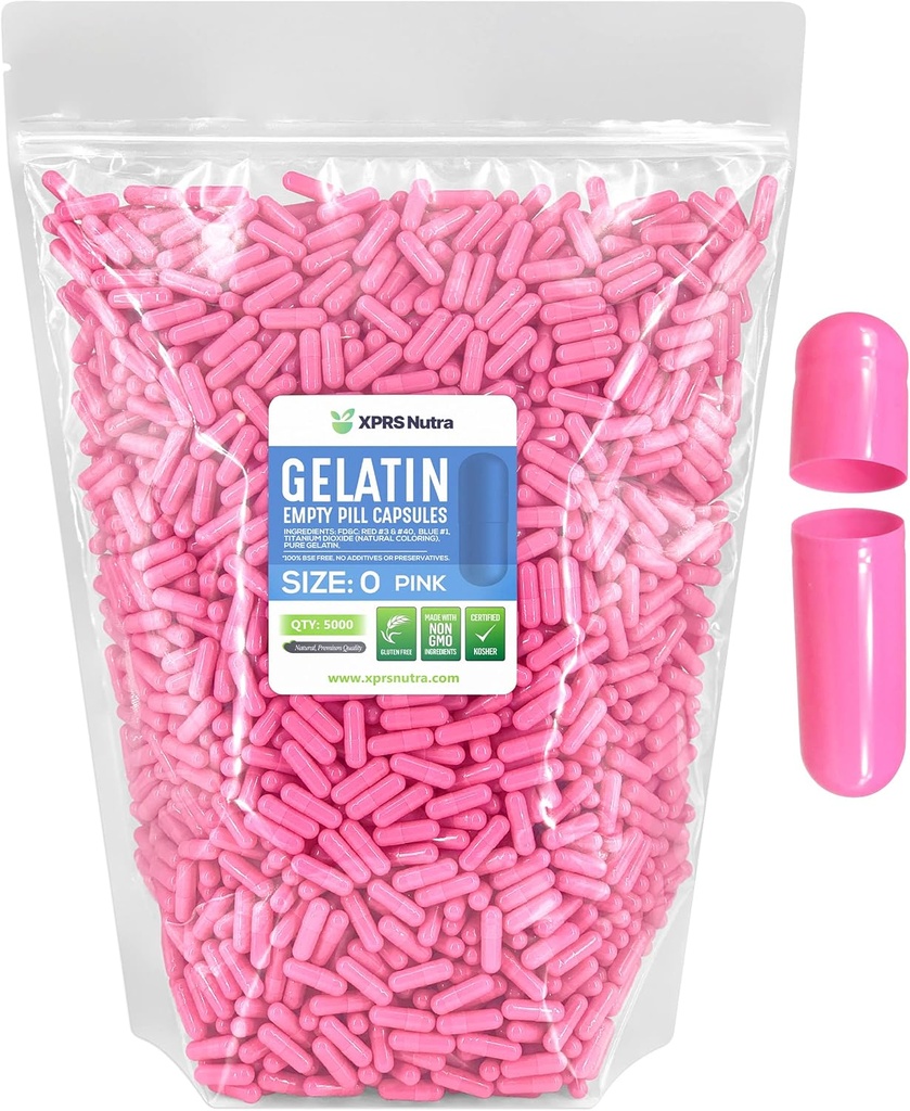 XPRS Nutra Size 0 Empty Capsules - 5000 Conde Empty Gelatin Capsules - Pills DIY Capsule Filling - Pure Bovine Pill Gel Caps for Do-It-youself Supplements (Pink)