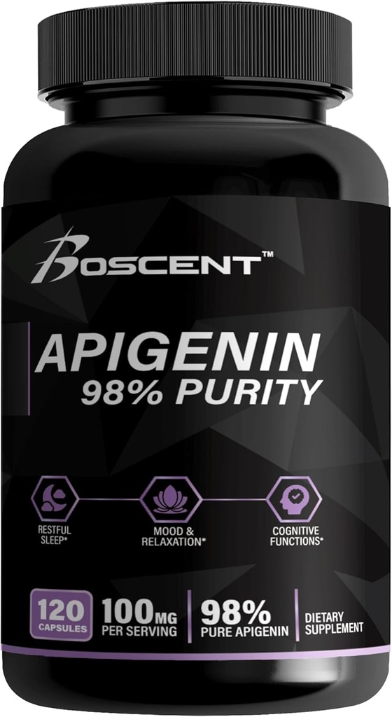 Suplemento de apigenina 100 mg del Extracto de la manzanilla 120 Conde - 98% de pureza- Suplemento de apigenina para el sueño, el humor, la cognición, la salud de la próstata - Excelente ayuda para el sueño, no GMO, No Fillers - Suministro de 4 meses