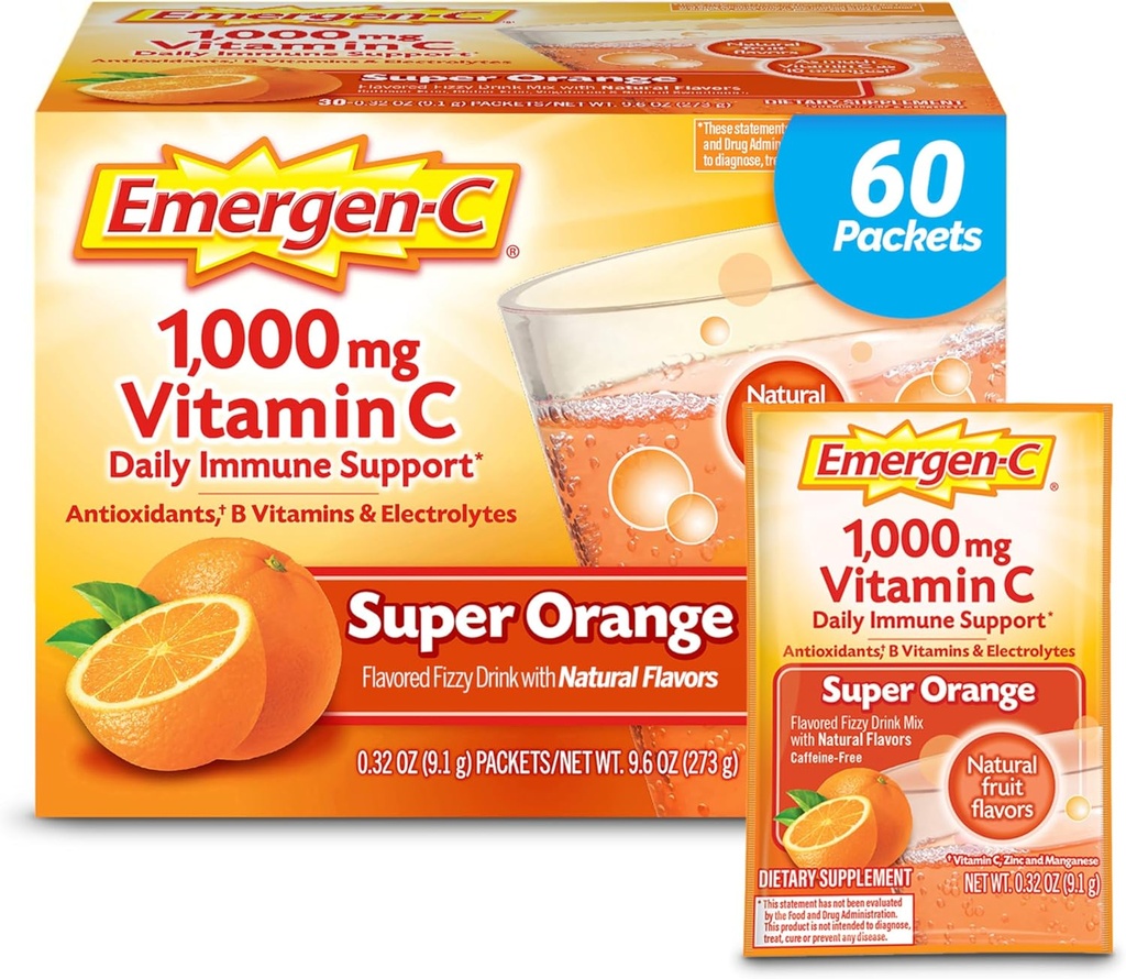 Emergen-C 1000mg Vitamina C Powder para el soporte diario de la vitamina C suplementos con zinc y manganeso, vitaminas B y electrolitos, sabor de súper naranja - 60 Conteo/2 Mes de suministro