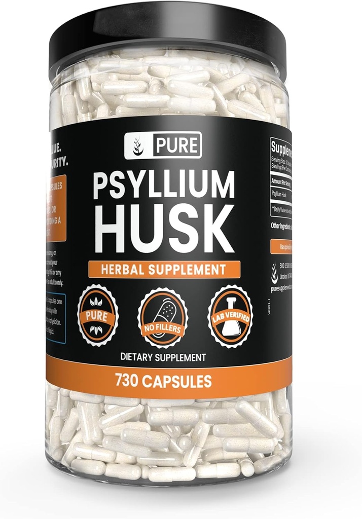PURE ORIGINAL INGREDIENTES Psyllium Husk (730 capsules) No hay magnesio o rifles de arroz, siempre puro, lab Verificado