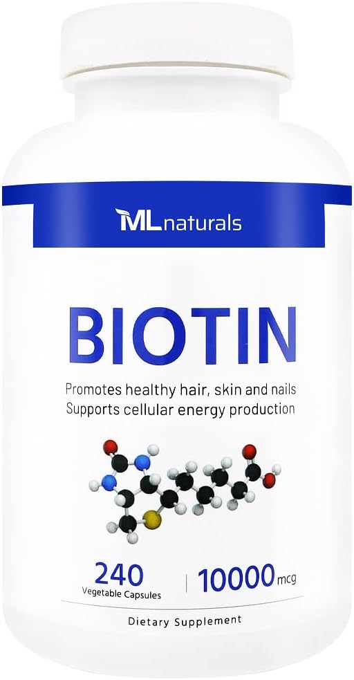 ML Naturals Biotin 10000 mcg 240 cápsulas vegetales. Soporta el cabello saludable, la piel, las uñas y la producción de energía, NSF-Certified &amp; cGMP-Compliant