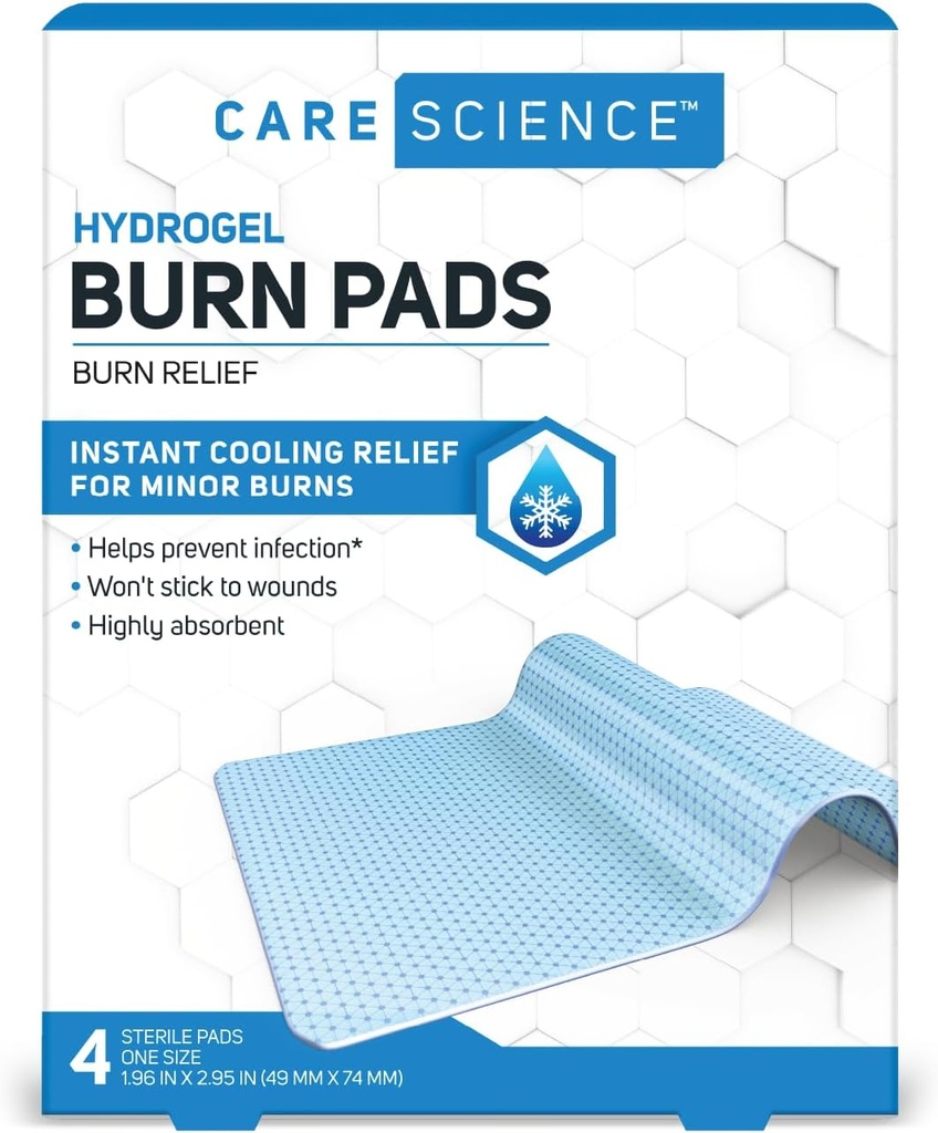 Care Science Hydrogel Sterile Burn Bandage Pads para Burn Relief, 4 ct ¦ Instant Cooling Relief for Minor Burns ' Wounds