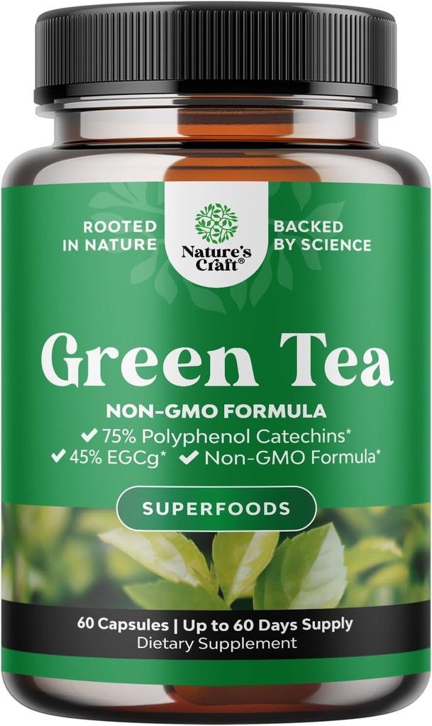 Tea verde extracto cápsulas - 500mg Pure Leaf verde Caffeine Suplemento - EGCG, extracto de cafeína &amp; Polyphenols Suplemento para el metabolismo saludable Apoyo para Mujeres &amp; Hombre - Detox natural - 60 Conde