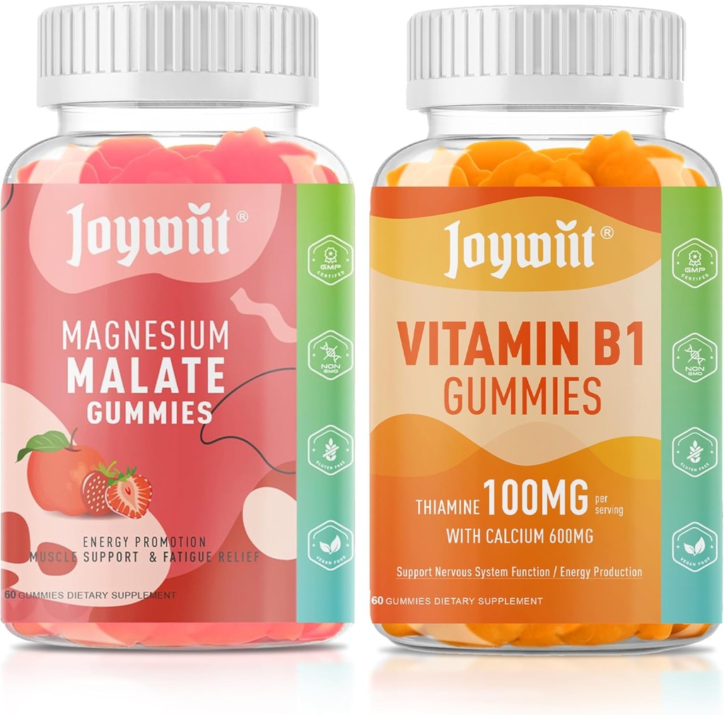 Magnesium Malate + L-Theanine + CoQ10 + B6 (Strawberry) & Thiamine B1 + Calcium (Orange) Gummies, Stress Relief, Energy, Nerve & Bone Support, Vegan Non-GMO, 120 Chewables (2×60)