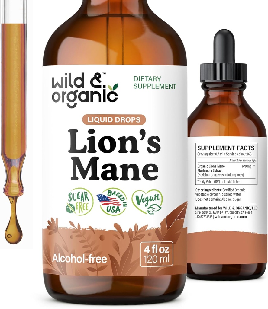Wild & Organic Lions Mane Liquid Drops - Cerebro &amp; Focus Support - Lion's Mane Mushroom Suplemento - Hericium Erinaceus Mushroom Drops - Vegan, Sugar &amp; Alcohol-Free Extract Tintura - 4 fl oz