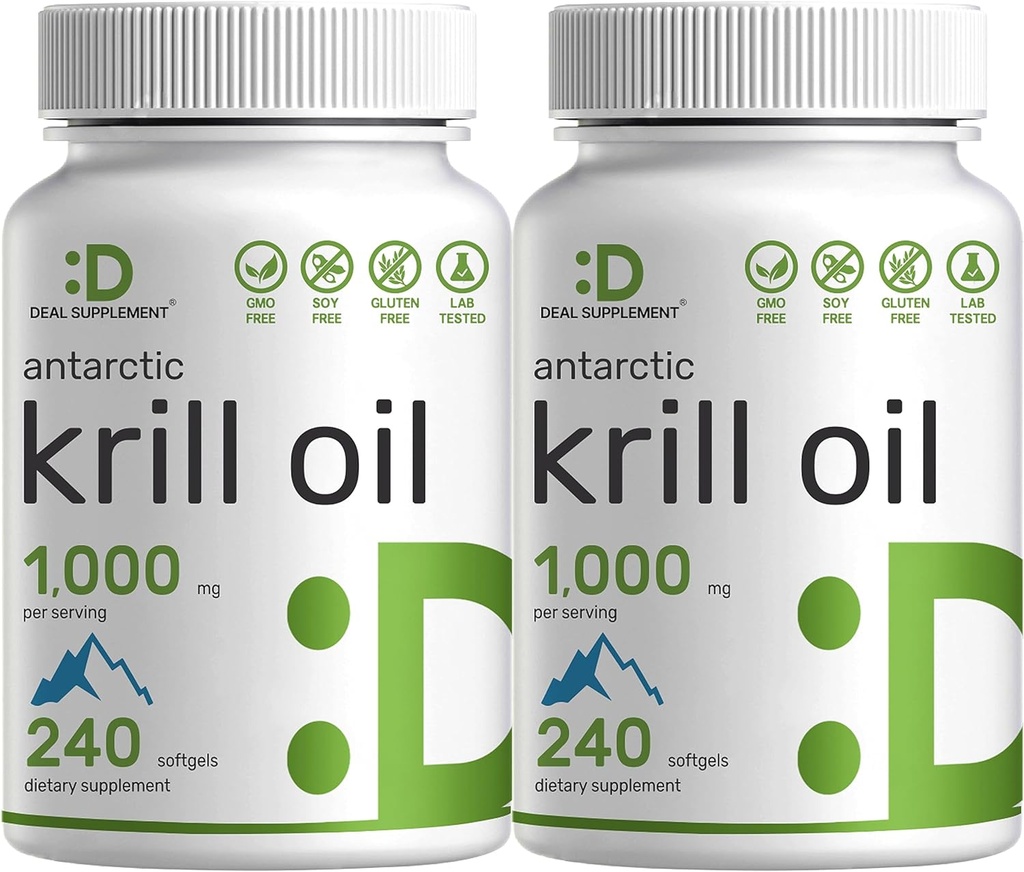 SUPLEMENTO DEAL 2 Pack Aceite de Krill Antártico, 1.000 mg por ser, 480 Softgels – Mercurio libre, sin sabor a pescado – Rico en Omega-3s, EPA, DHA, Astaxanthin, " Phospholipids – No GMO, Sin gluten